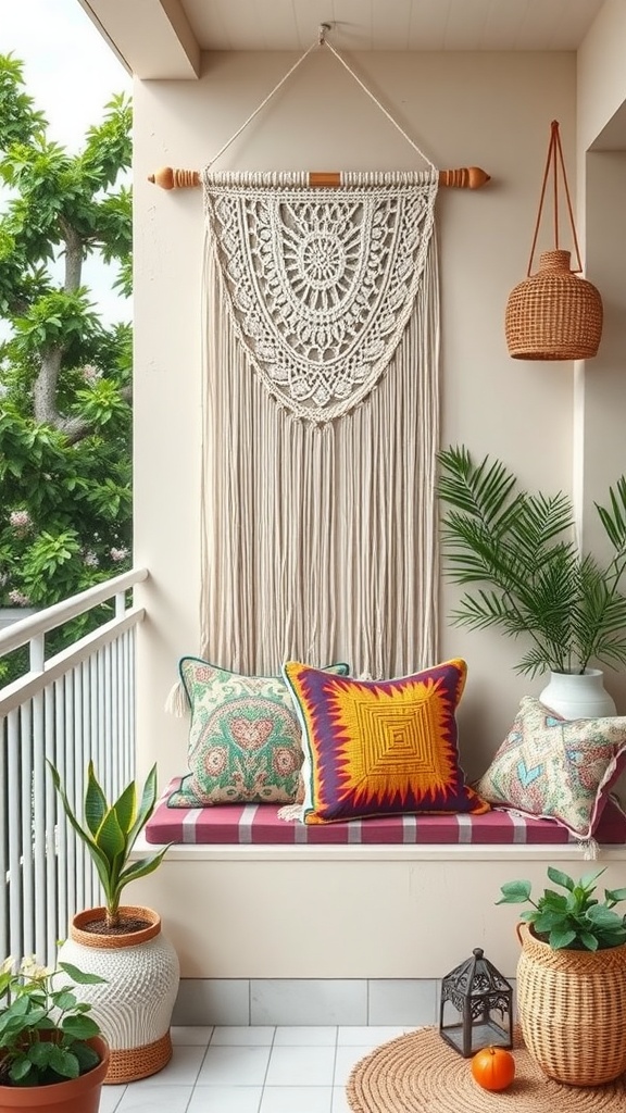 Cozy balcony setting with a large macrame wall hanging, colorful cushions, and plants.