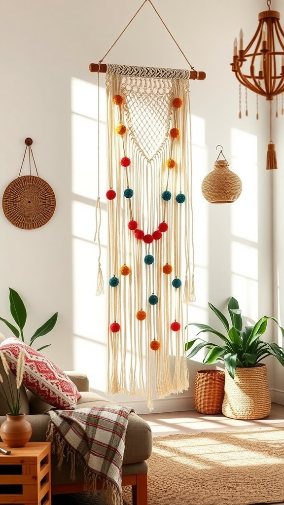 A macrame wall hanging with colorful pom-poms in a bright living room