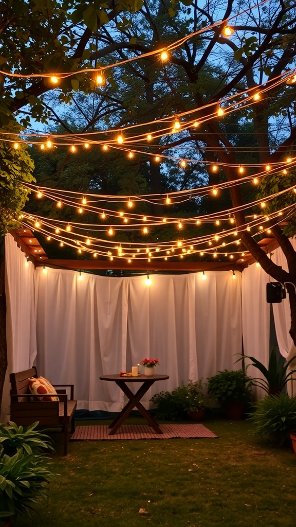 A cozy outdoor space with string lights hanging above a wooden table and chairs surrounded by plants.