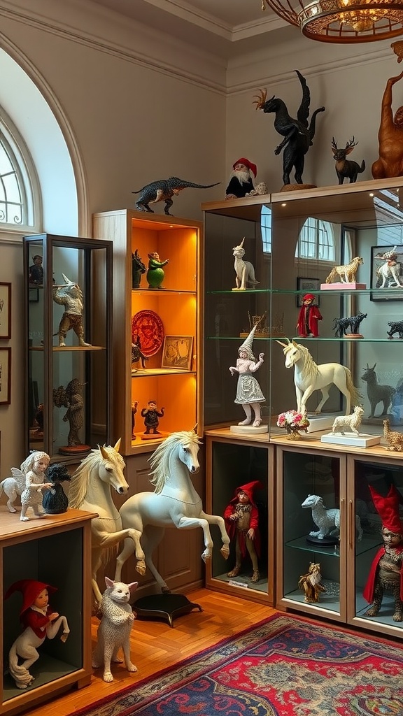 A collection of magical creature figurines displayed in a cozy room.