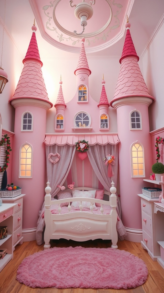 A whimsical bedroom designed like a fairy tale castle, featuring pink castle towers, a cozy bed with a canopy, and cute decorations.