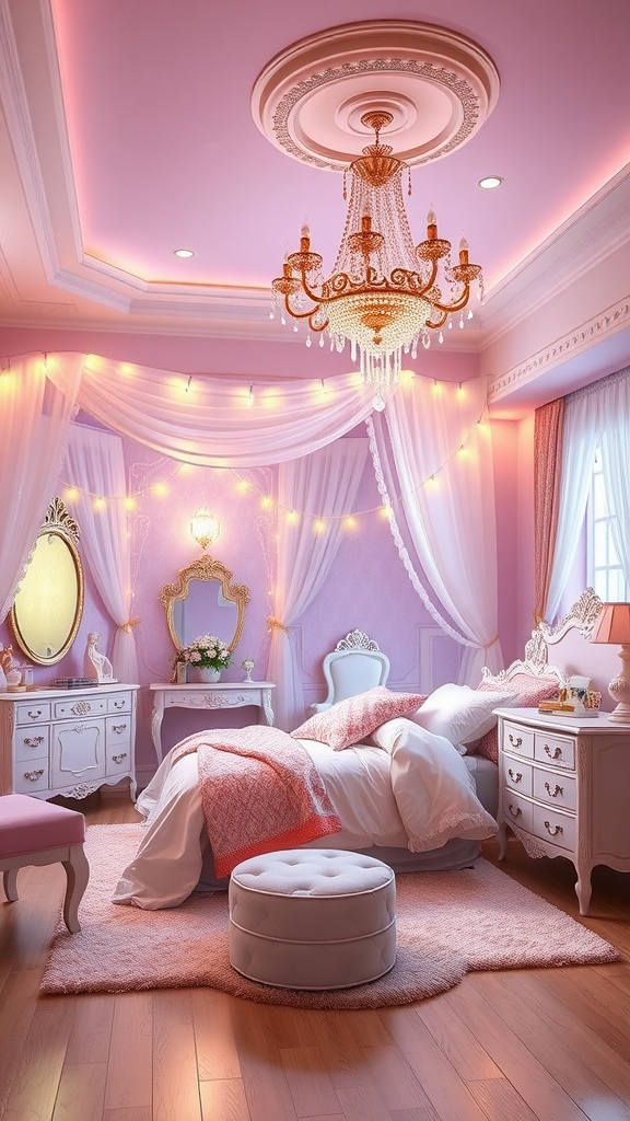 A beautifully decorated princess bedroom featuring a chandelier and fairy lights.