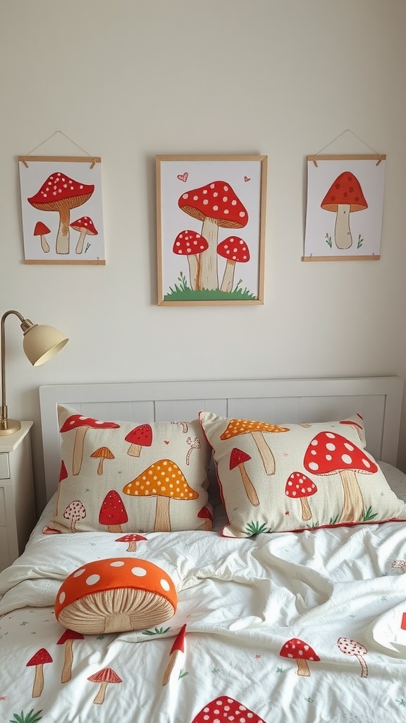 A cozy bedroom featuring mushroom-themed bedding and wall art with red and white mushrooms.