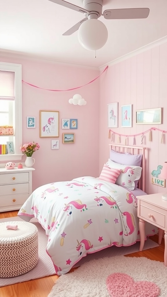 A whimsical unicorn-themed bedroom with pink walls, a unicorn comforter, framed art, and soft decor.