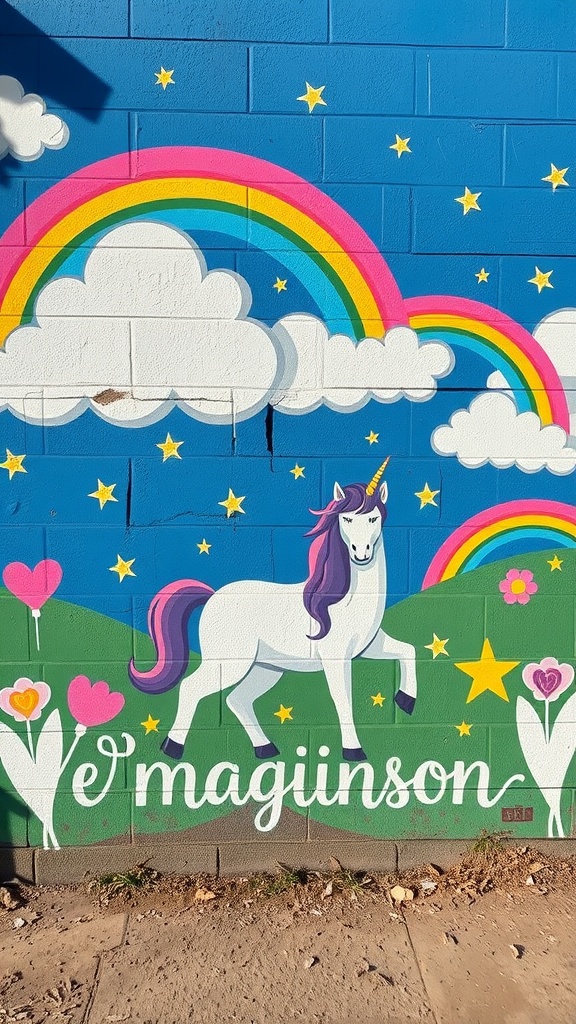 A colorful mural featuring a unicorn, rainbows, clouds, and flowers on a blue wall.