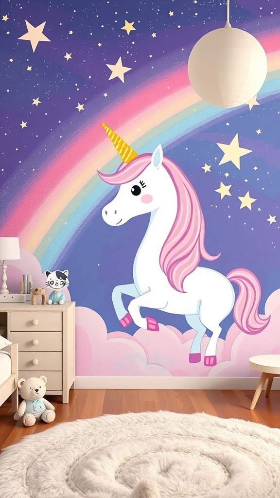 A kid's bedroom with a unicorn mural featuring a rainbow and stars, decorated with soft toys and a round rug.