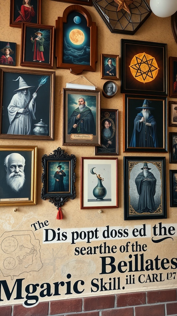 A collection of magical wall art featuring portraits, symbols, and quotes from the Harry Potter universe.