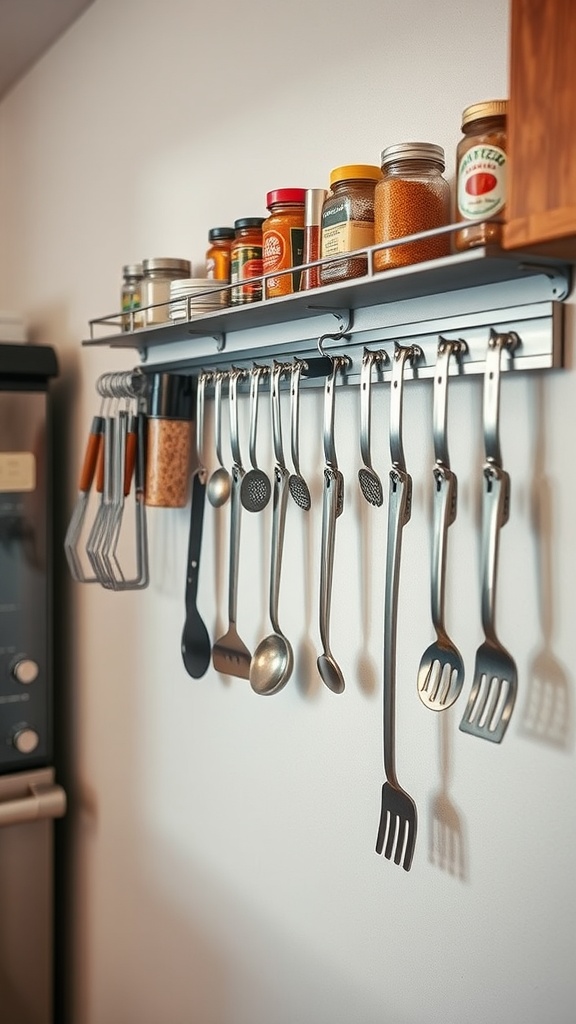 A kitchen scene featuring a magnetic strip with spices and cooking utensils organized neatly.