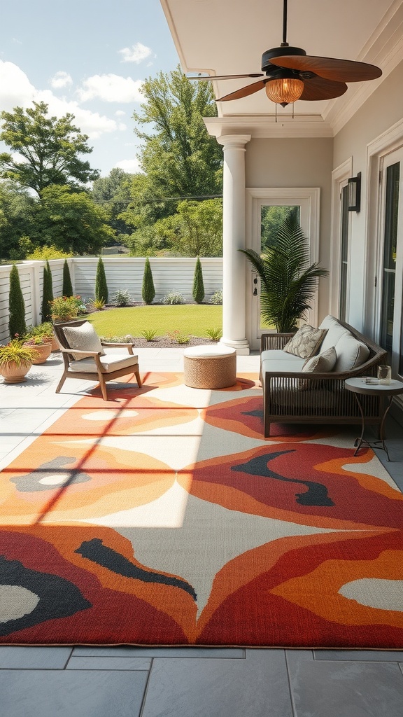 A vibrant oversized rug on a patio with seating, featuring warm colors and a bold pattern.