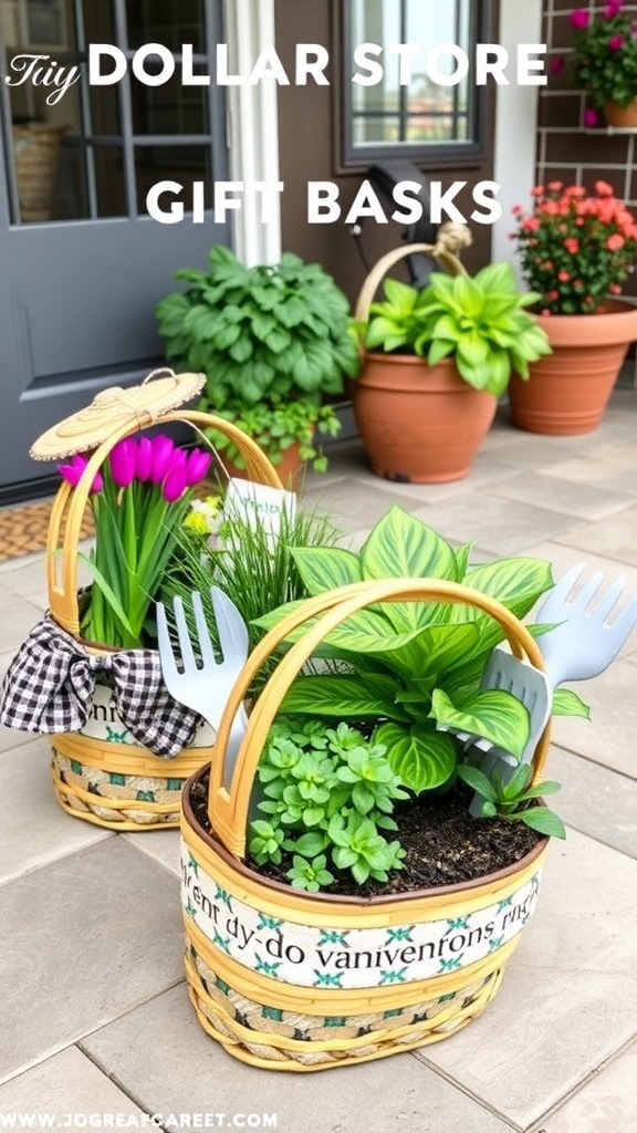 Two garden gift baskets filled with plants and gardening tools, set in a cozy outdoor space.