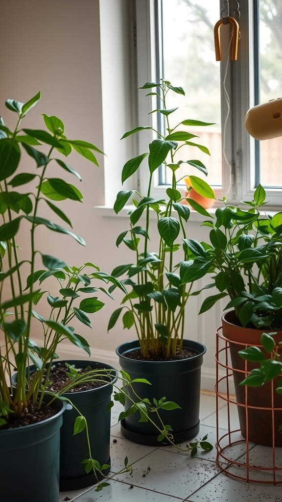 Indoor plants in pots near a window, showcasing healthy foliage and soil.