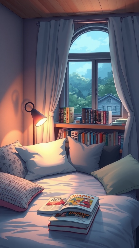 A cozy manga reading nook with a bed, pillows, a lamp, and a bookshelf filled with books.