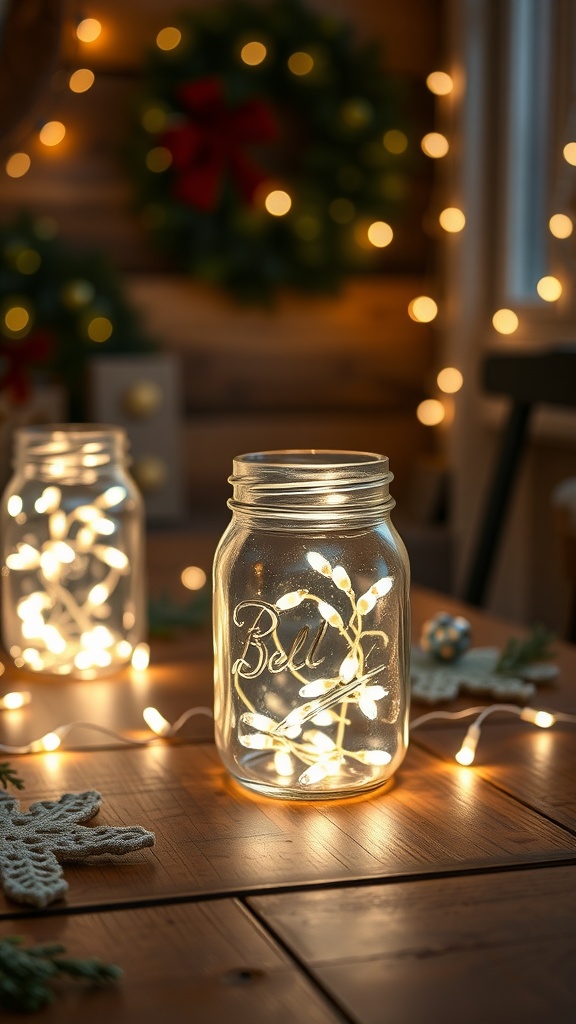 Mason jars filled with LED string lights on a wooden table, decorated for Christmas.