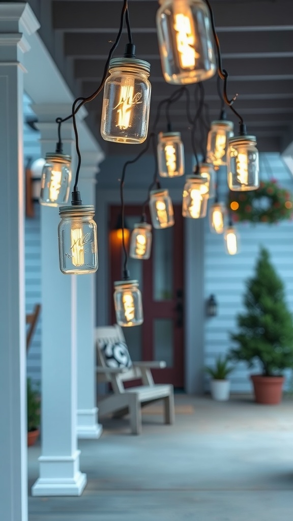 Hanging mason jar lights illuminating a front porch