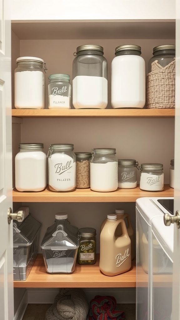 Well-organized laundry room with mason jars and woven baskets on wooden shelves