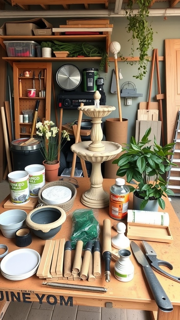 An assortment of materials for building a DIY garden fountain, including pots, a tiered fountain base, plants, and tools.