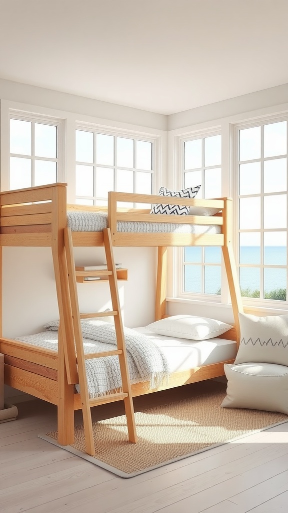 A cozy coastal bunk bed with large windows showcasing a sea view.