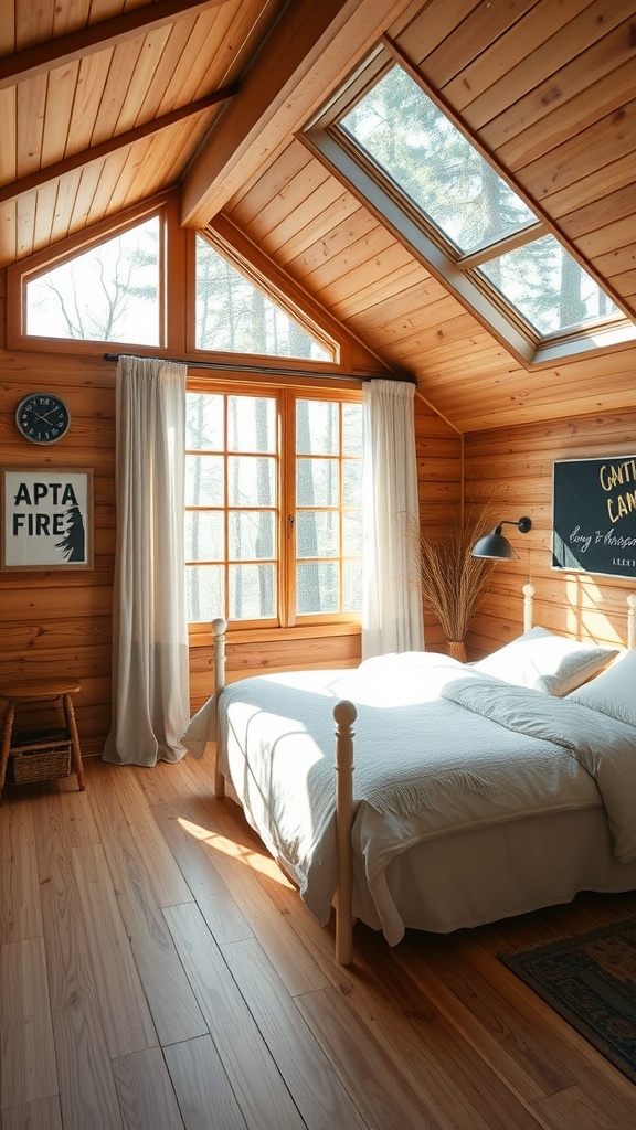 Cozy cabin bedroom with large windows and skylights, filled with natural light.