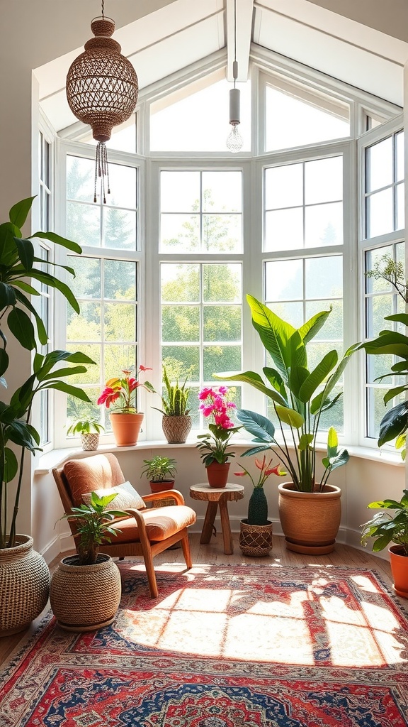 A bright sunroom filled with plants and natural light, featuring large windows and cozy furniture.