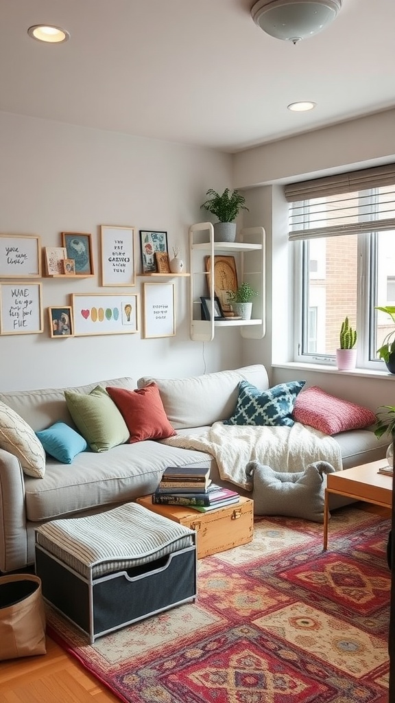 A cozy college living room with a sofa, colorful cushions, framed wall art, and smart storage solutions.