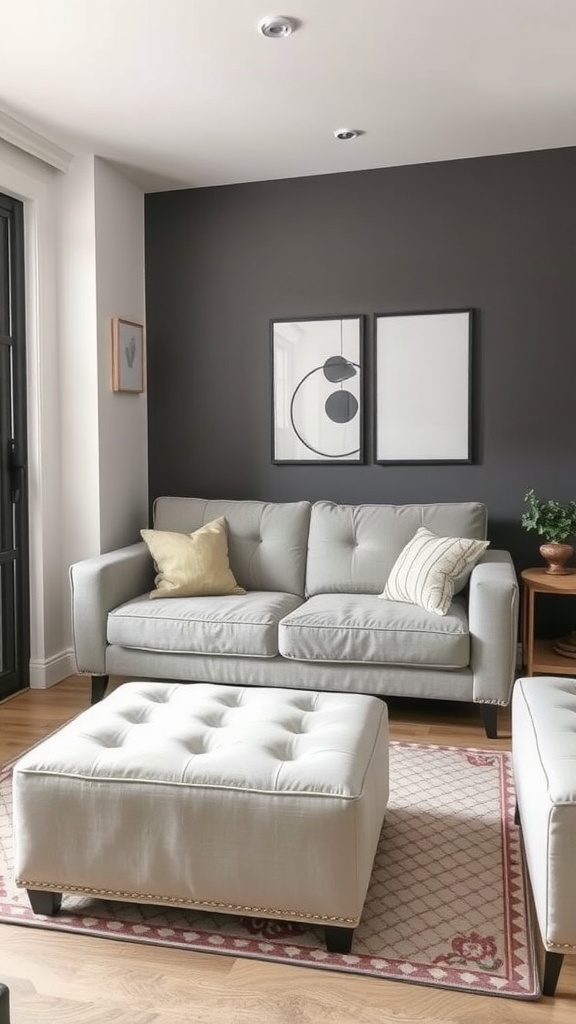 Cozy living room featuring a light gray sofa, tufted ottoman, and a dark accent wall.