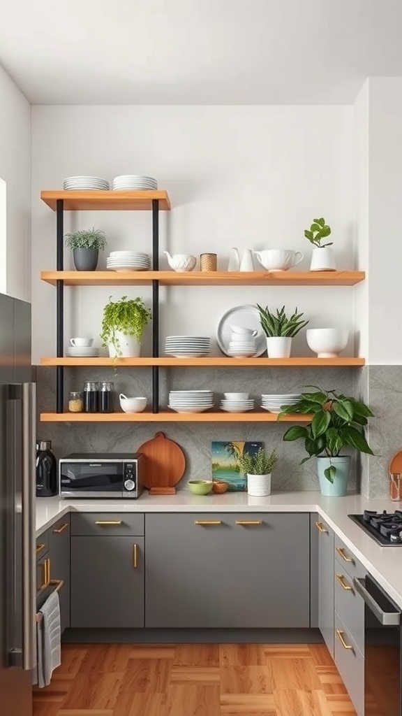 Open shelving kitchen with wooden shelves displaying plates, plants, and decor.