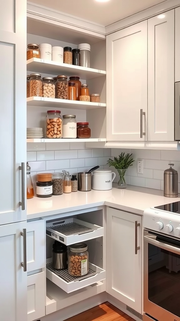 A well-organized kitchen pantry with jars and containers on shelves, and pull-out drawers for storage.