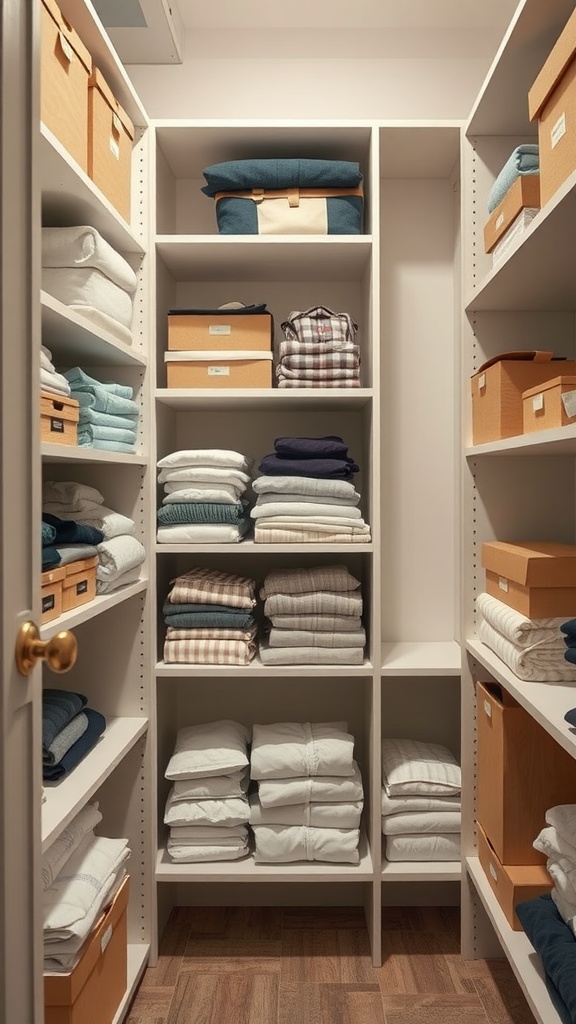 An organized closet with shelves displaying neatly stacked towels and storage boxes.