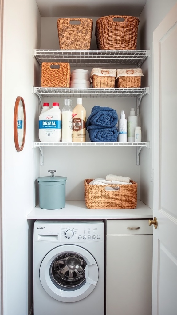 Small laundry room with shelves filled with baskets and containers above a washing machine.