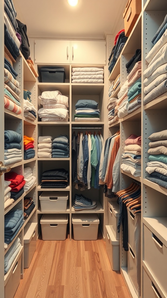 A neatly organized closet with shelves filled with folded clothes, towels, and storage bins.