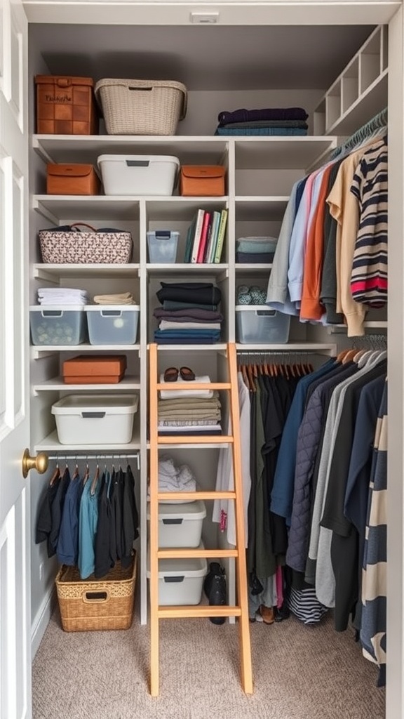 A well-organized closet with vertical shelving, featuring folded clothes, storage bins, and a ladder for easy access.