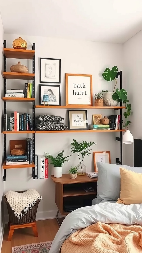 A cozy bedroom corner with a shelving unit displaying books, plants, and framed pictures.