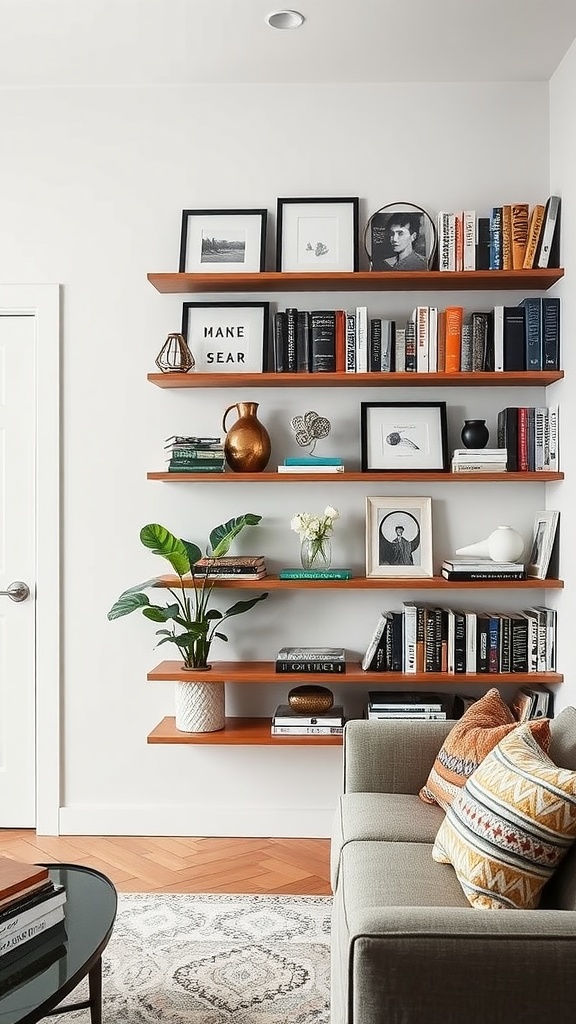 A small living room featuring wall-mounted wooden shelves filled with books, decorative items, and a plant, creating a cozy and organized space.