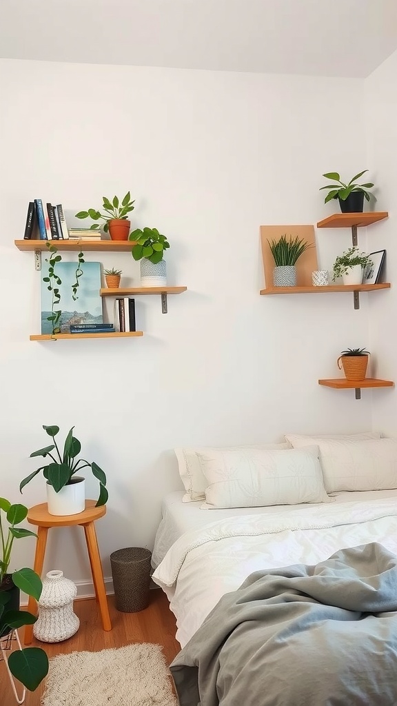 A small bedroom with wall-mounted shelves displaying books and plants.