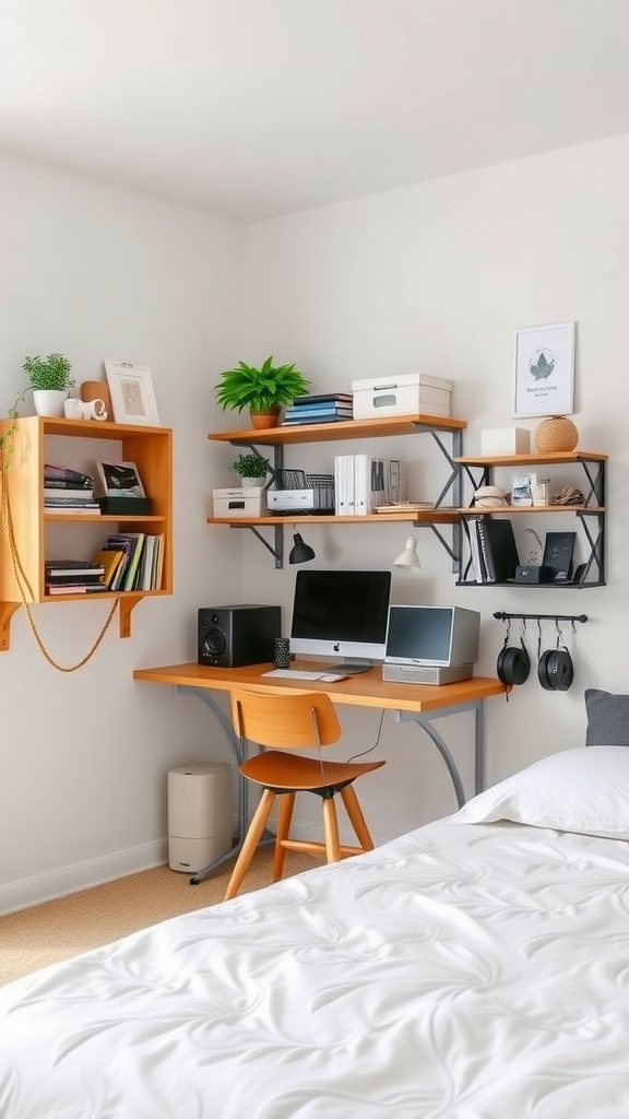 A cozy office space within a bedroom, featuring wall-mounted shelves, a compact desk, and organized storage solutions.