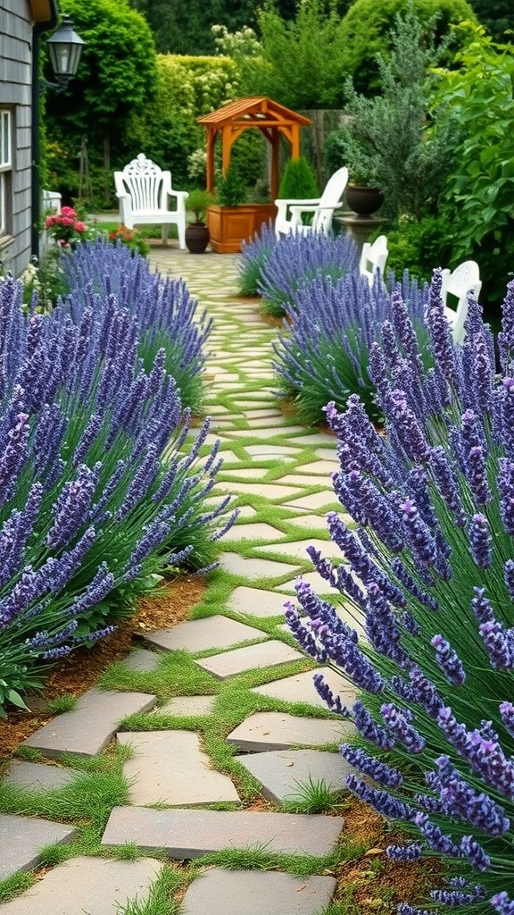 A beautiful garden pathway lined with lavender bushes and herbs, leading to a seating area.