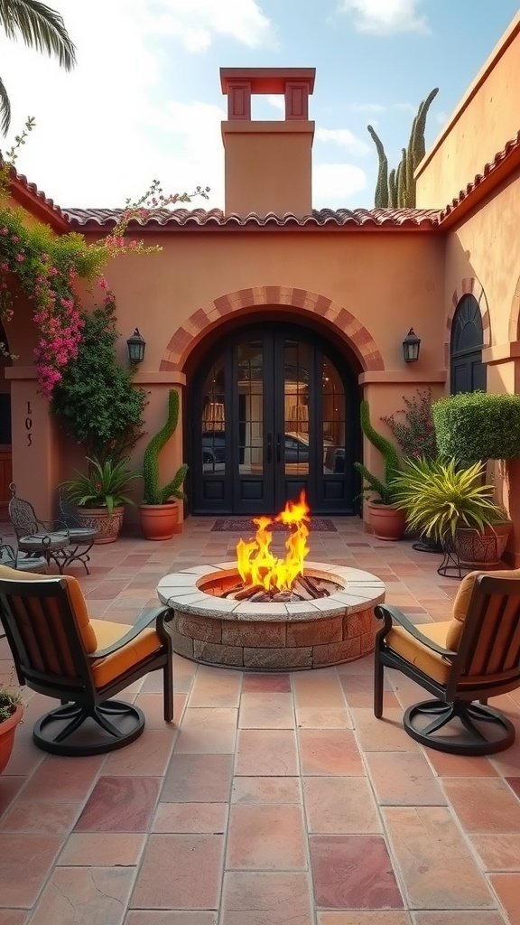 Mediterranean patio featuring a circular fire pit, surrounded by chairs and lush greenery.