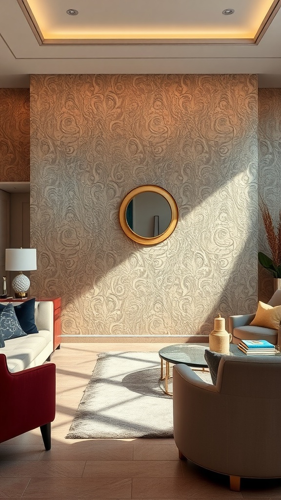 A stylish living room with metallic wallpaper and elegant decor