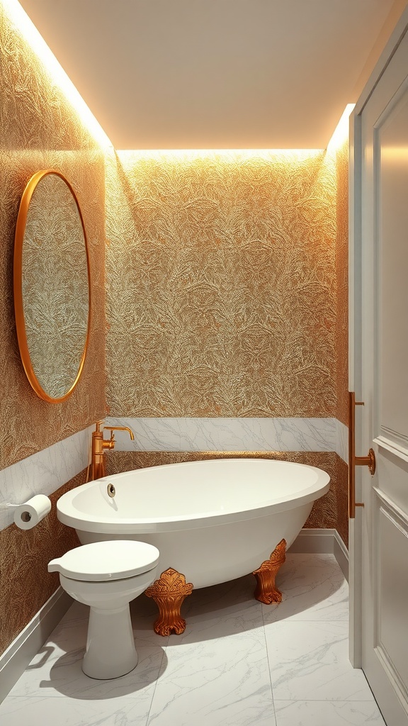 Elegant bathroom with golden metallic wallpaper, a white bathtub with gold accents, and a round mirror