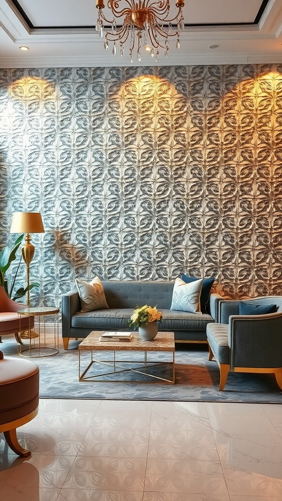 A stylish living room featuring metallic wallpaper and elegant furniture