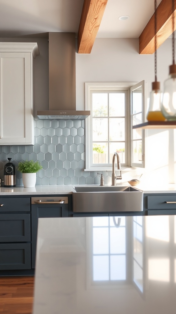 A farmhouse kitchen with a metallic range hood, hexagonal backsplash, and blue cabinetry