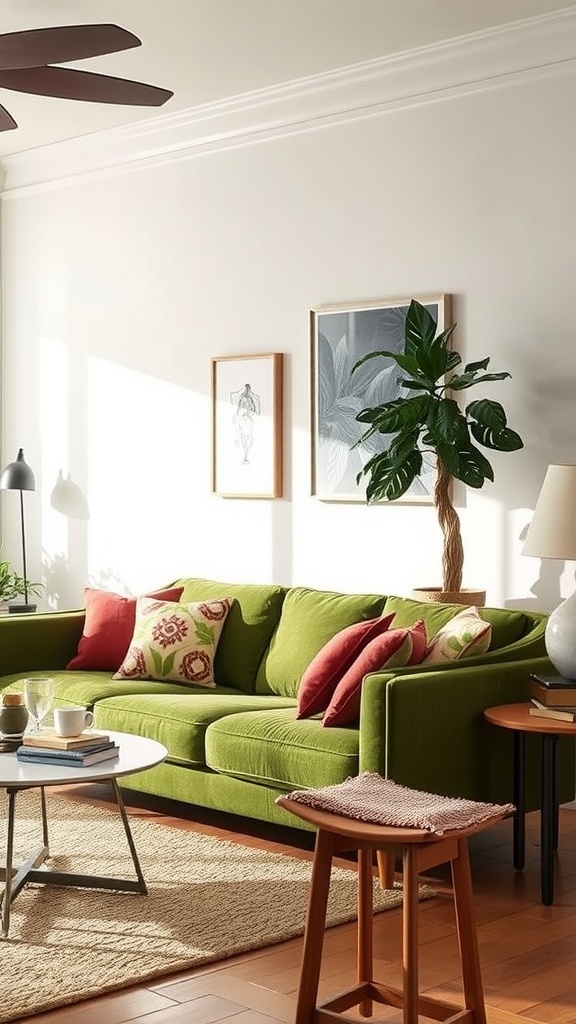 A stylish living room featuring a green couch with decorative pillows, a round coffee table, and plants, embodying mid-century modern design.