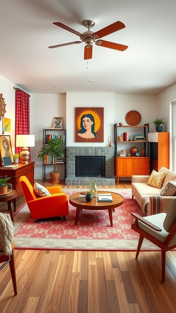 A mid-century modern living room with vibrant orange armchair, artwork, and wooden furniture.