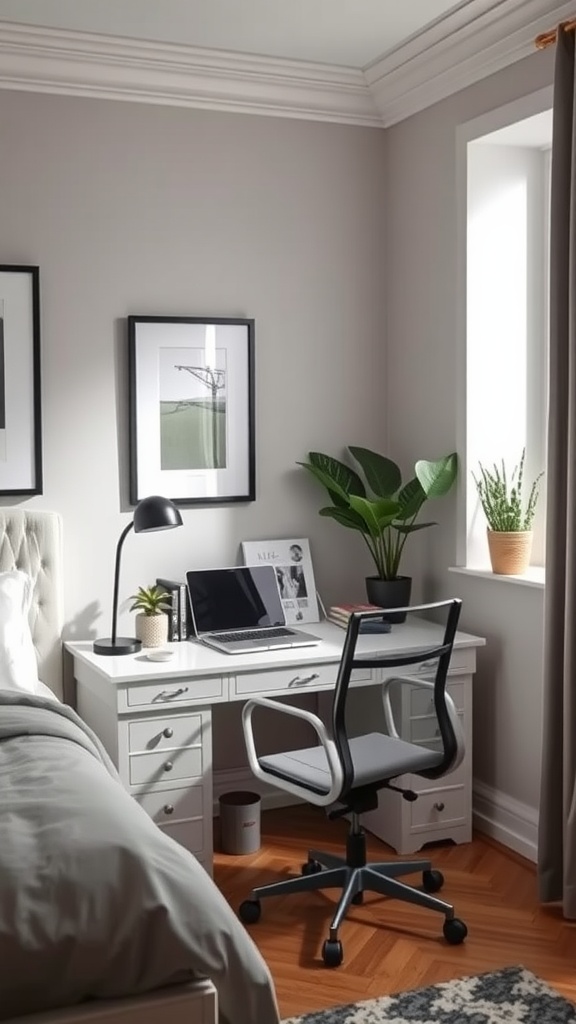 A mini home office area in a bedroom featuring a white desk, laptop, desk lamp, and plants.