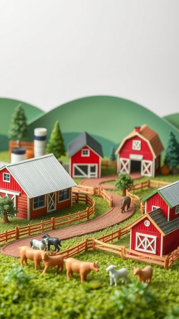 A colorful miniature farm model featuring barns, animals, and a winding path.