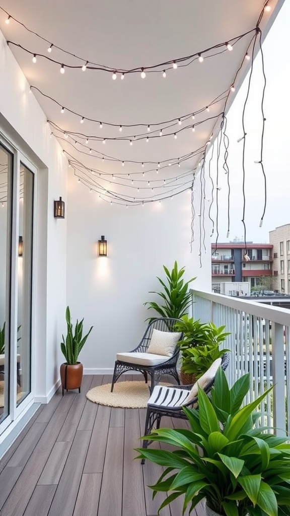 A modern balcony with string lights and plants