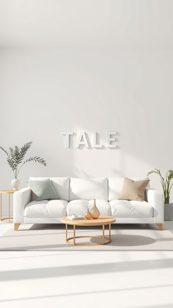 Minimalist living room featuring a white couch, light-colored walls, and a round coffee table.