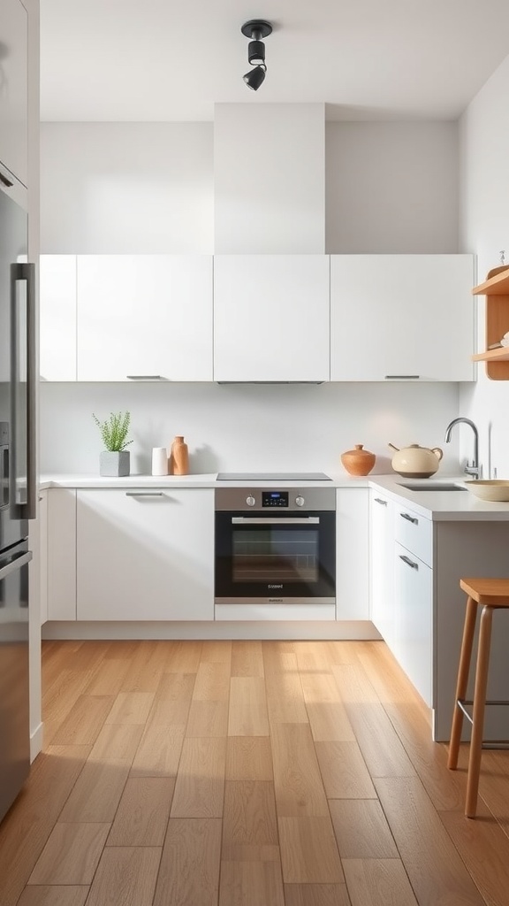 A modern Scandinavian kitchen featuring white cabinets, natural wood flooring, and minimalist decor