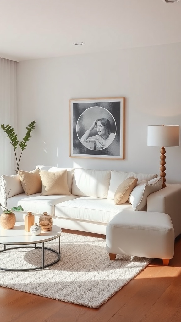 A minimalist living room featuring a white couch with neutral cushions, natural decor elements, and a round coffee table.