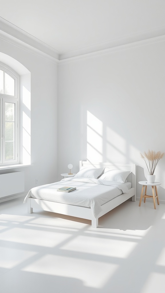 A minimalist white bedroom featuring soft bedding, a low bench, and bold black wall decor.